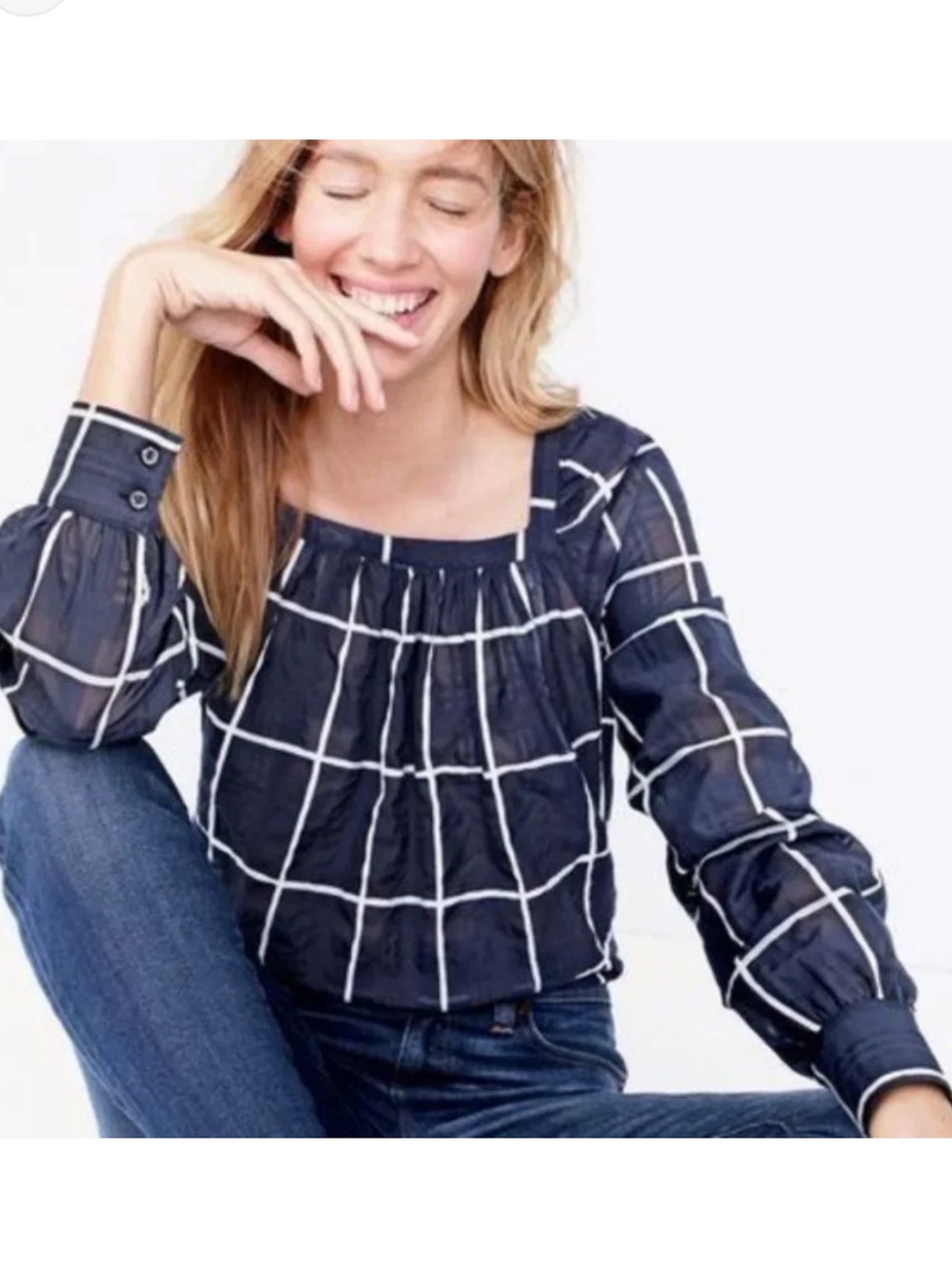 J. Crew Women's Navy Windowpane Square-Neck Blouse